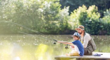 A father and son sitting next to each other on a pier and fishing. They're both holding a fishing pole in the water.