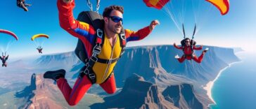 a group of people skydiving over a body of water- TOP 10 SKYDIVING DESTINATIONS IN THE WORLD