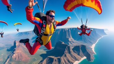 a group of people skydiving over a body of water- TOP 10 SKYDIVING DESTINATIONS IN THE WORLD