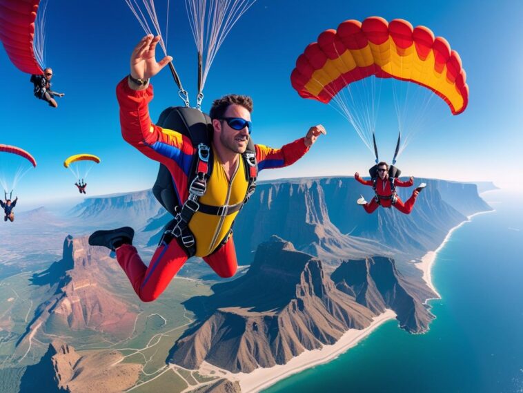 a group of people skydiving over a body of water- TOP 10 SKYDIVING DESTINATIONS IN THE WORLD