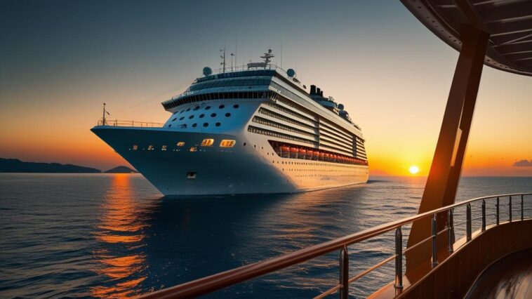A modern cruise ship sailing through blue ocean waters in 2025