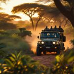 A group of tourists in an open-top jeep observe a lioness and her cubs on a dirt track in the Maasai Mara.