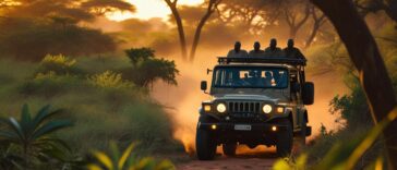 A group of tourists in an open-top jeep observe a lioness and her cubs on a dirt track in the Maasai Mara.