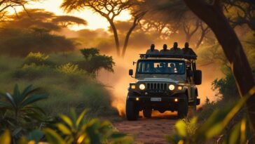 A group of tourists in an open-top jeep observe a lioness and her cubs on a dirt track in the Maasai Mara.