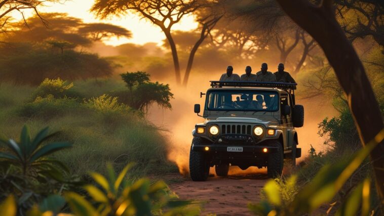 A group of tourists in an open-top jeep observe a lioness and her cubs on a dirt track in the Maasai Mara.